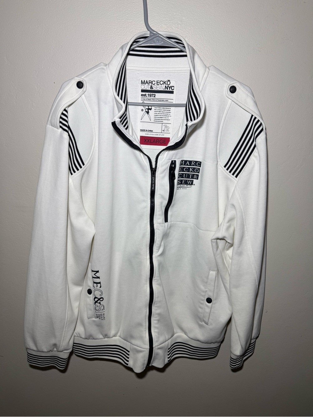 Marc Ecko White Zip Front Varsity Jacket with Black Trim